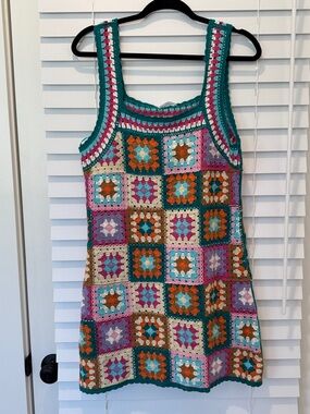 NWT Vestique Crocheted Patchwork Knit Mini Dress Granny Square Women’s Med/Lrg